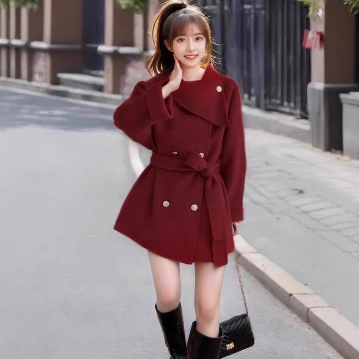 Chic Knit Coat with Scarf Collar With Thickened Belted Robe