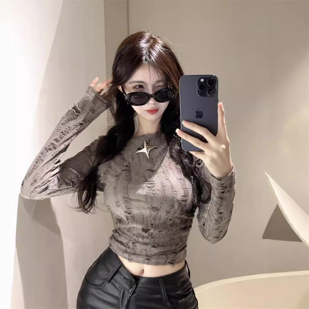 Autumn And Winter Ripped Hollow-out Long-sleeved Bottoming Shirt Inner Wear