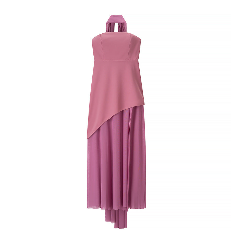 Women's Clothing Tube Top Mesh Splicing Hem Dress Sexy Solid Color