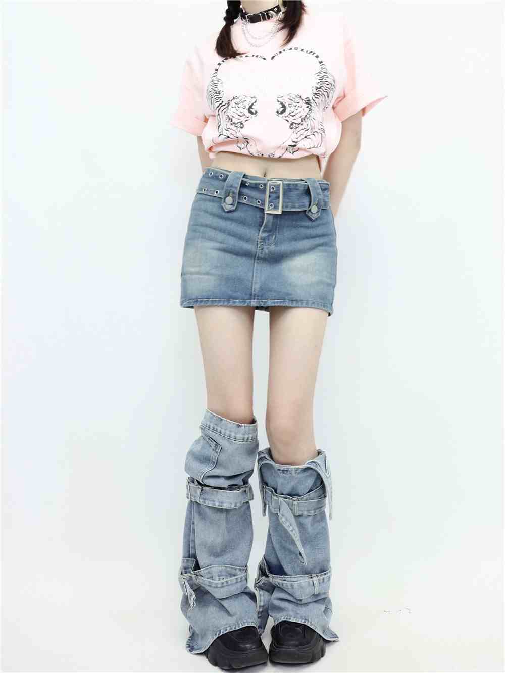 Strap Pile Style Foot Sock Cross Washed Denim Leg Warmer