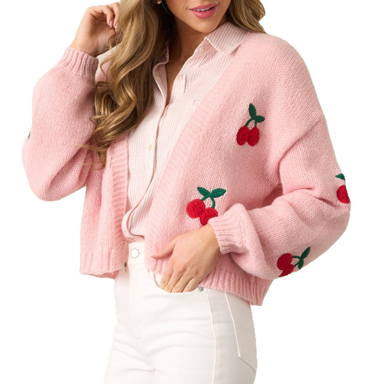 Cherry Embroidery Women's Sweater Cardigan Elegant