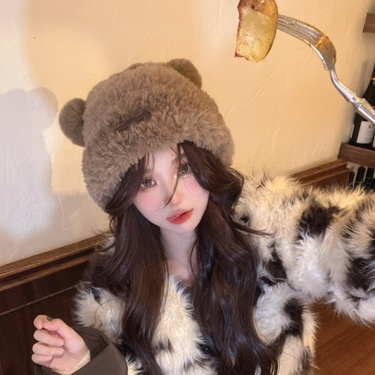 Winter Bear Plush Knitted Earflaps Cap