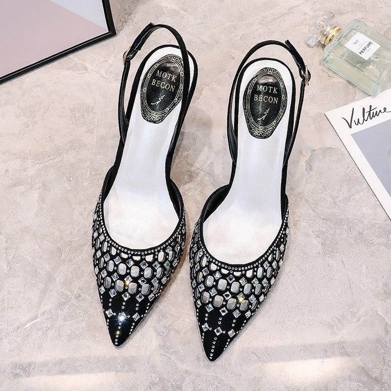 Semi-trail pointed toe rhinestone thin heel bag toe high heel strap
