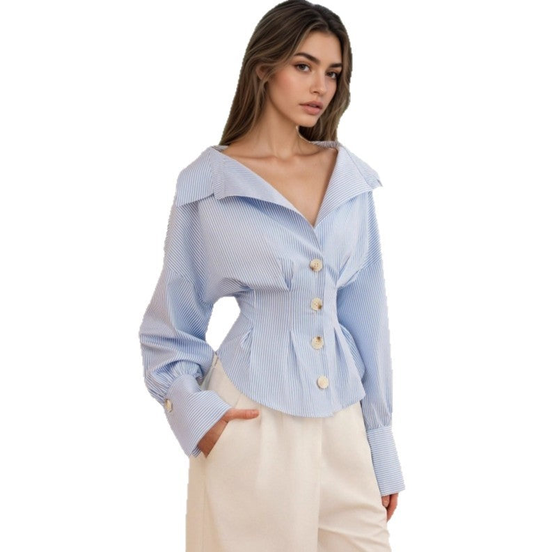 Waist-tight Fashion All-matching Striped Long-sleeved Top