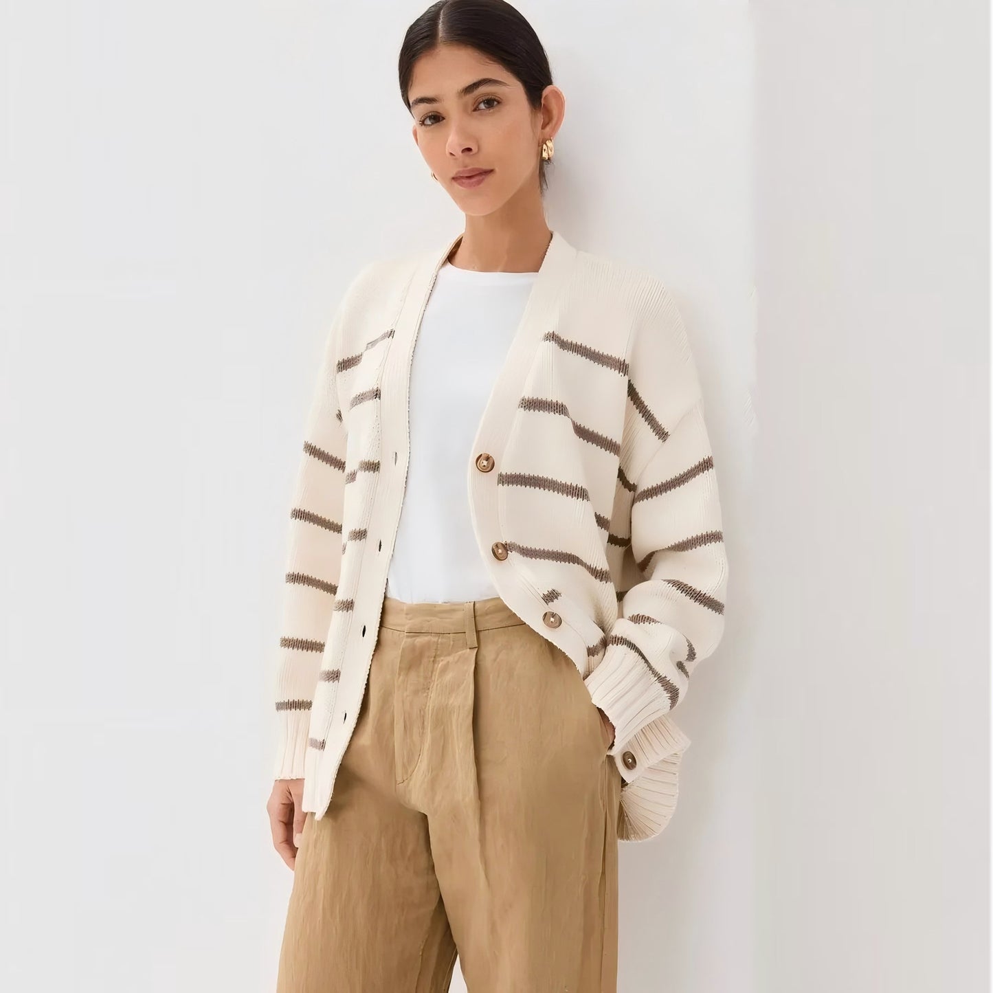 Women's Striped Knitted V-neck Cotton Striped Sweater