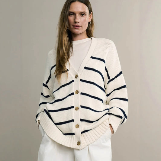 Women's Striped Knitted V-neck Cotton Striped Sweater