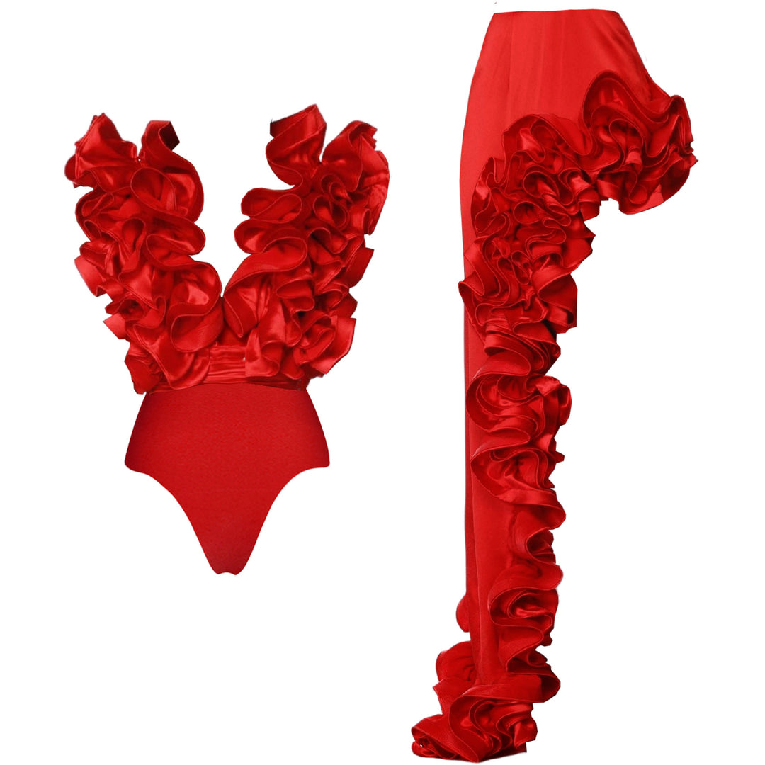 Women‘s  Swimsuit and Skirt Sexy Red 3D Flower One Piece  bikini set  two pieces Swimwear Beachwear Bathing Suit Monokini