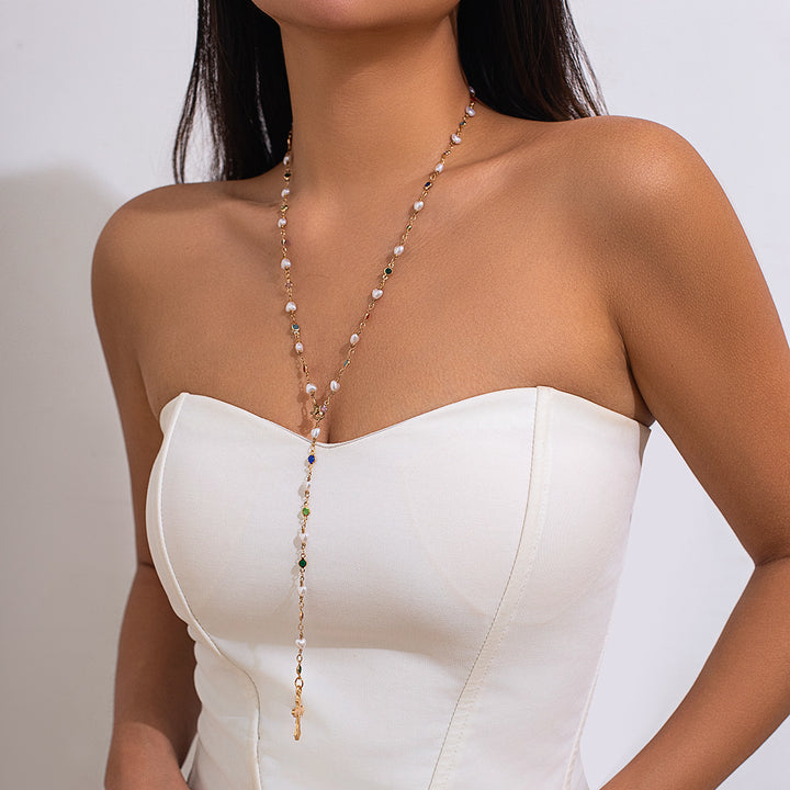 Sweet style pearl inlaid Y-shaped chain necklace, small fresh cross alloy collarbone chain