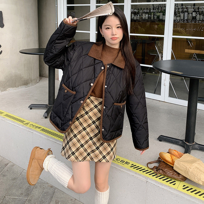 Hit Color Diamond Lattice Design Lapel Winter Lightweight Cotton Coat Coat