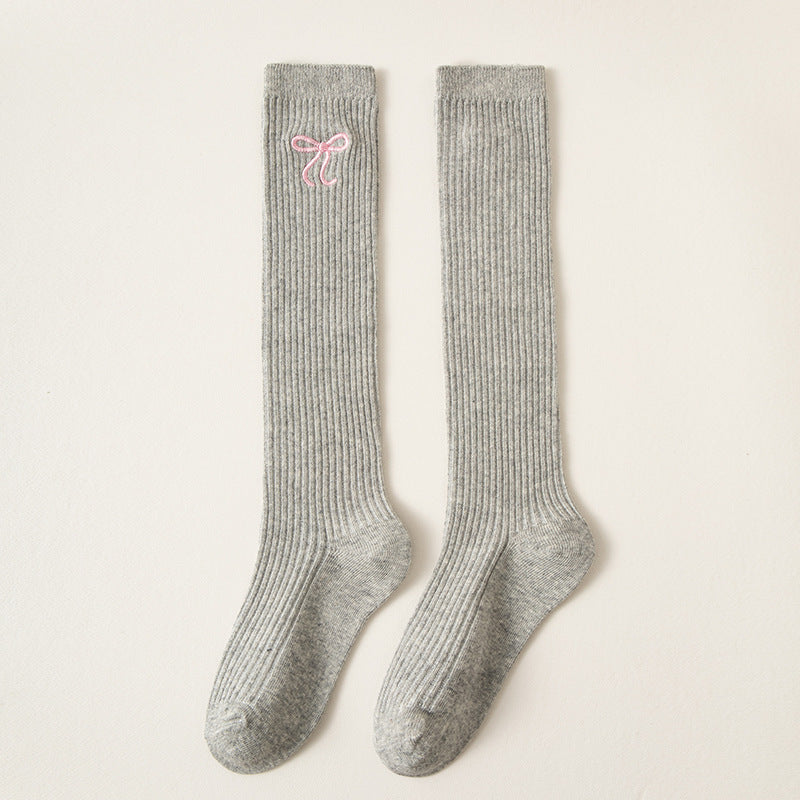 Bowknot Embroidery Stockings Preppy Style Calf Socks Children's High-top Cotton Socks