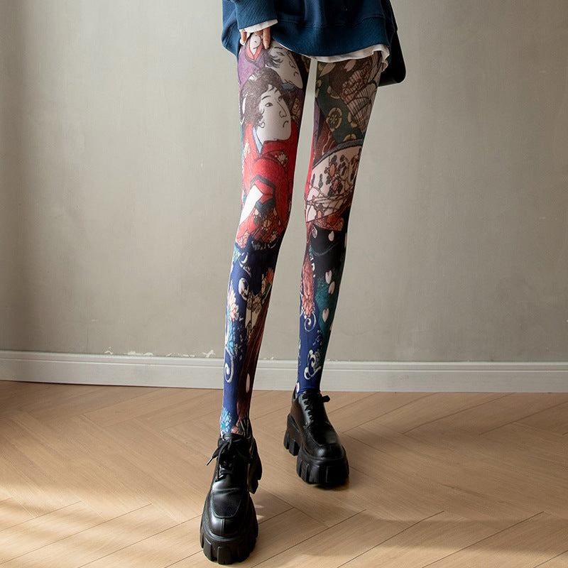 Thin Fashion Vintage Pantyhose Spring And Autumn Flower Print