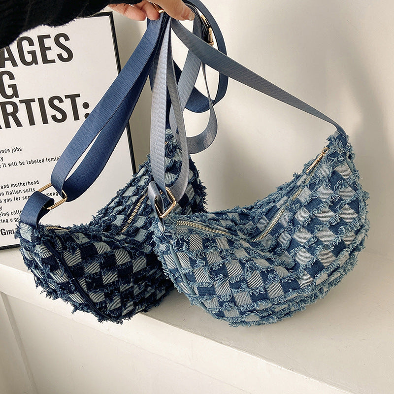 Denim Chessboard Plaid Shoulder Underarm Bag