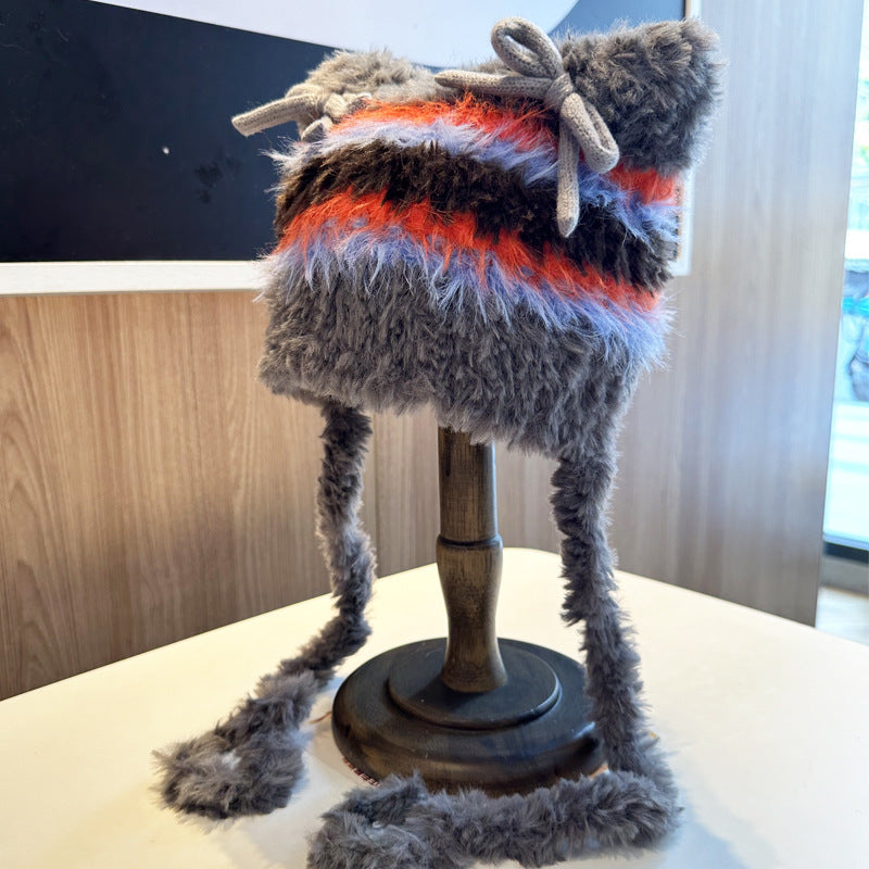 Fashion Striped Bow Plush Earmuffs Hat Women