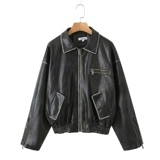 Lapel Long Sleeve Zipper Brushed Leather Coat