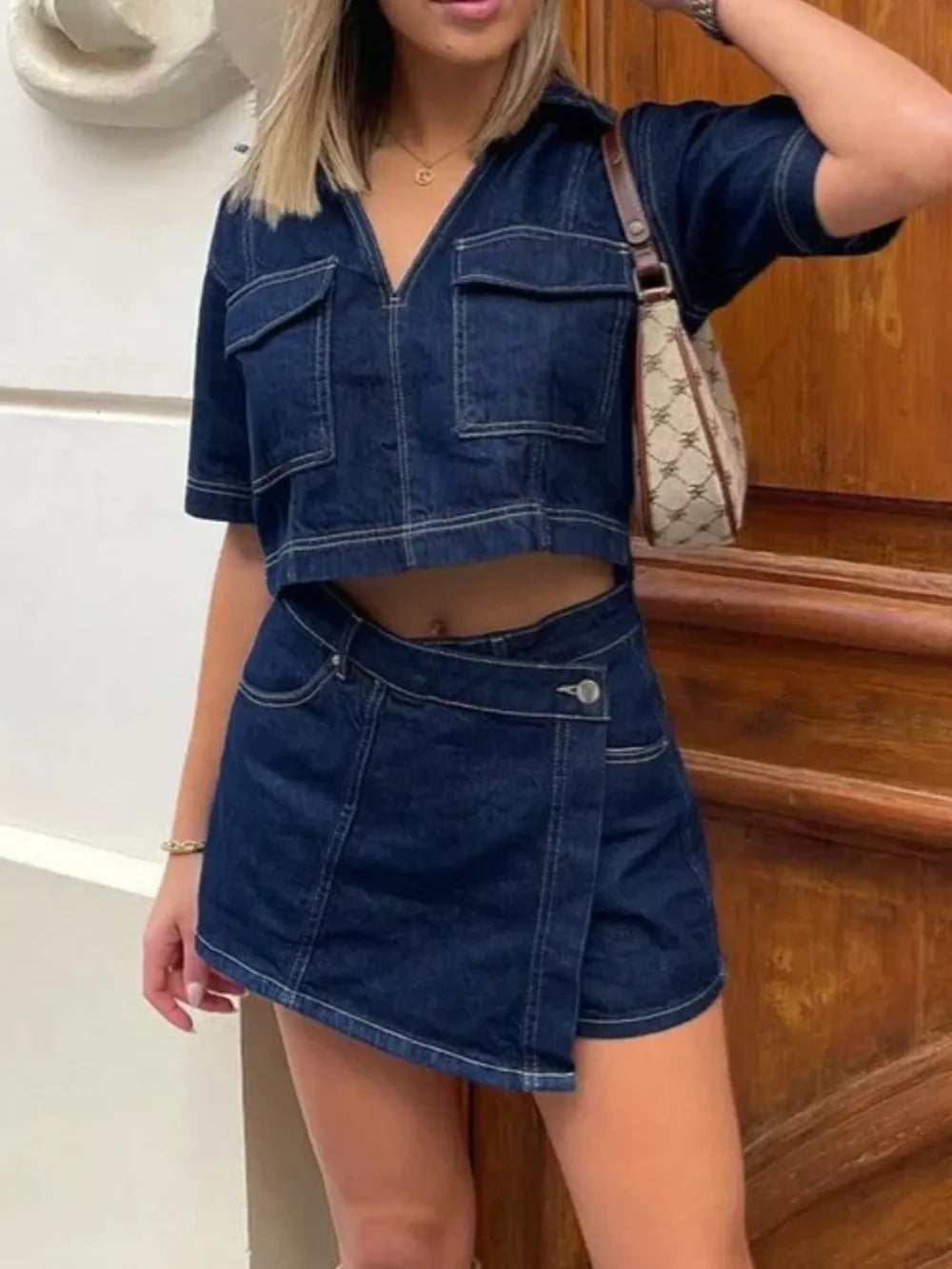 Collar Short Sleeve Top and Skort Denim Set