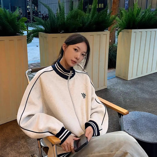 Contrast Color Striped Stand Collar Loose Preppy Style Leisure Sports Sweater Coat