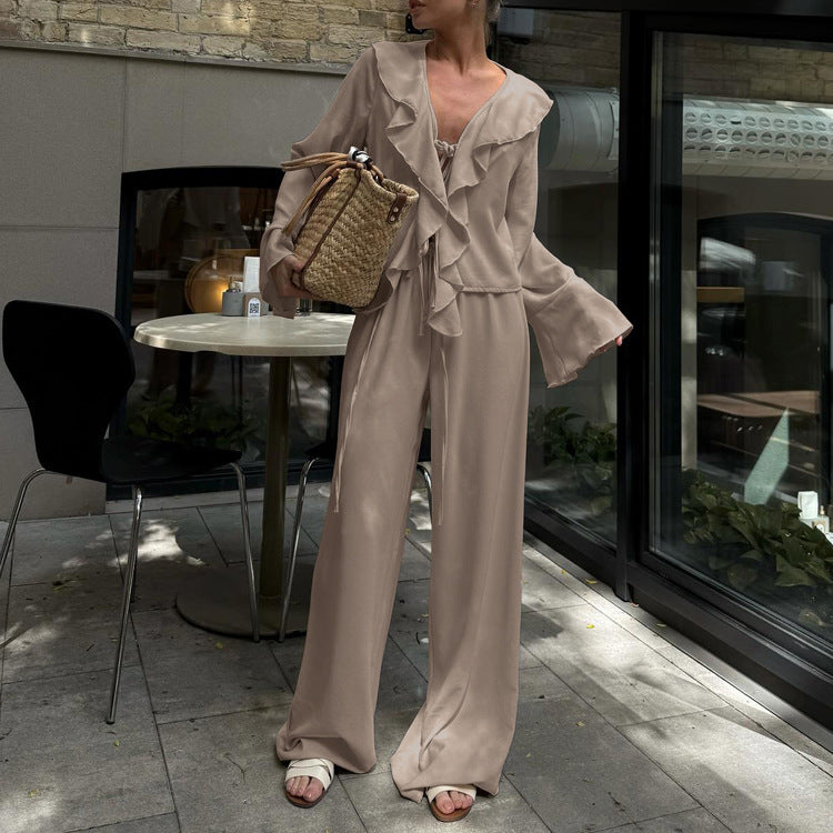 Casual Ruffles V-neck Lace-up Long Sleeve Top Suit