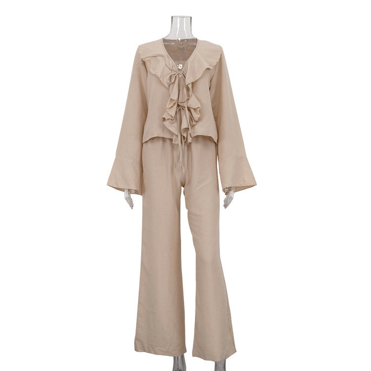 Casual Ruffles V-neck Lace-up Long Sleeve Top Suit
