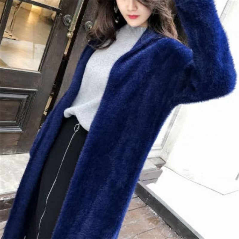 Autumn and winter thick loose cardigan mink fur medium long western-style sweater jacket lazy style long sleeved outer layer knit sweater