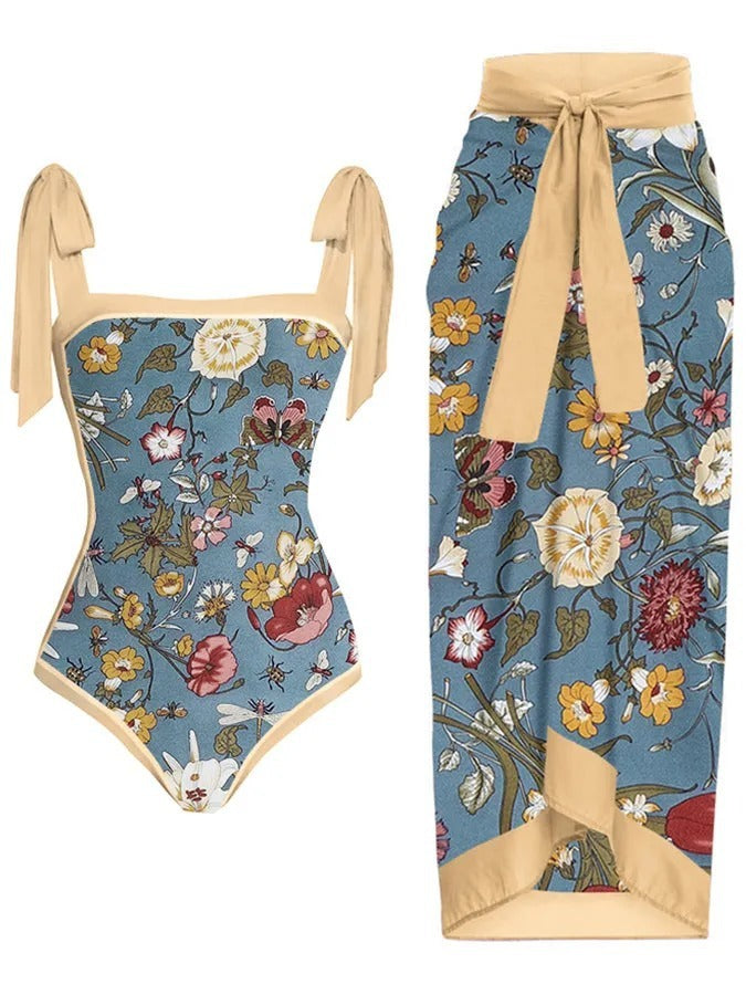 Chiffon Printed Swimsuit Women's Conservative Bikini Beach Outdoor Swimwear