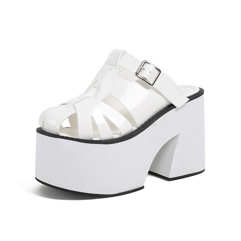 Super High Heel Platform Slippers Patent Leather Hollowed Toe Box Chunky Heel