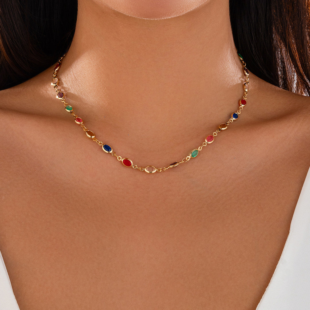 Fashionable colored crystal chain necklace, light luxury style, handmade bead collarbone chain set