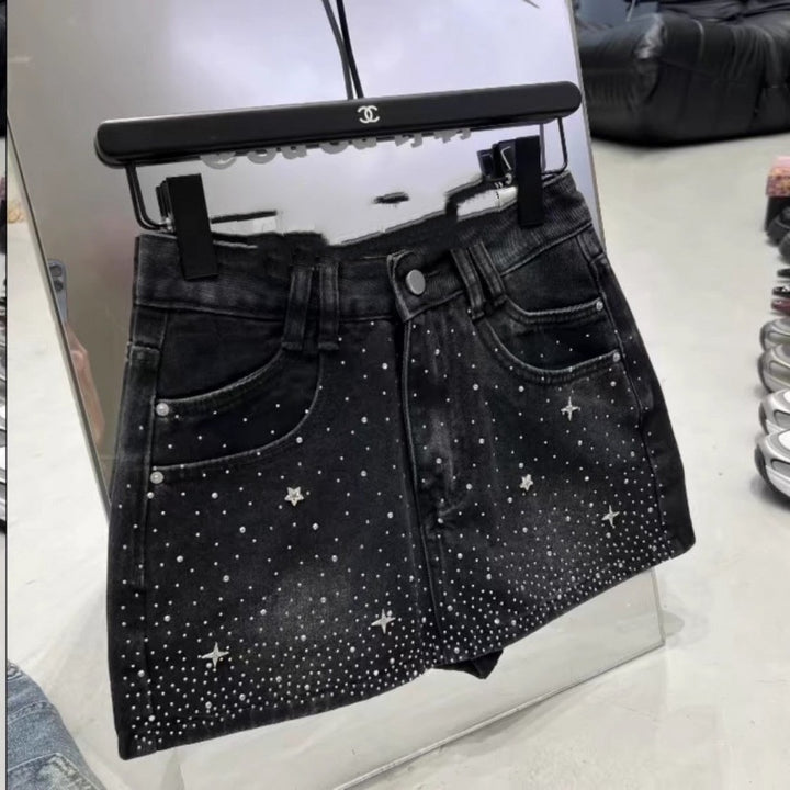 Retro Rhinestone Bright Star River Slim-fit Slimming Denim Skirt