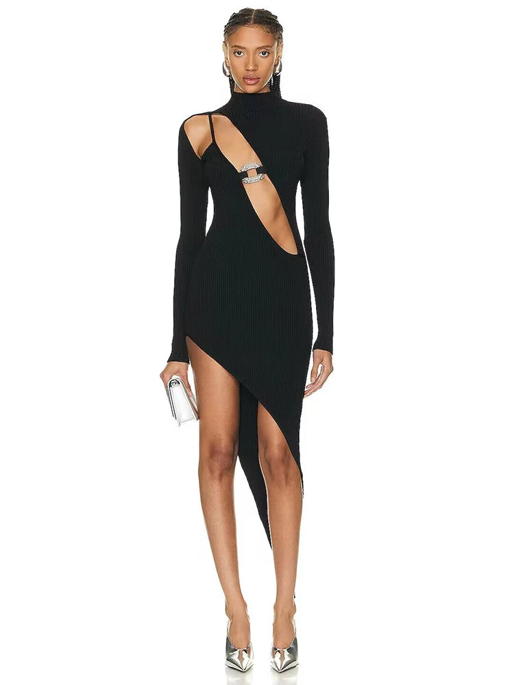 Elegant black diamond cutout party dress