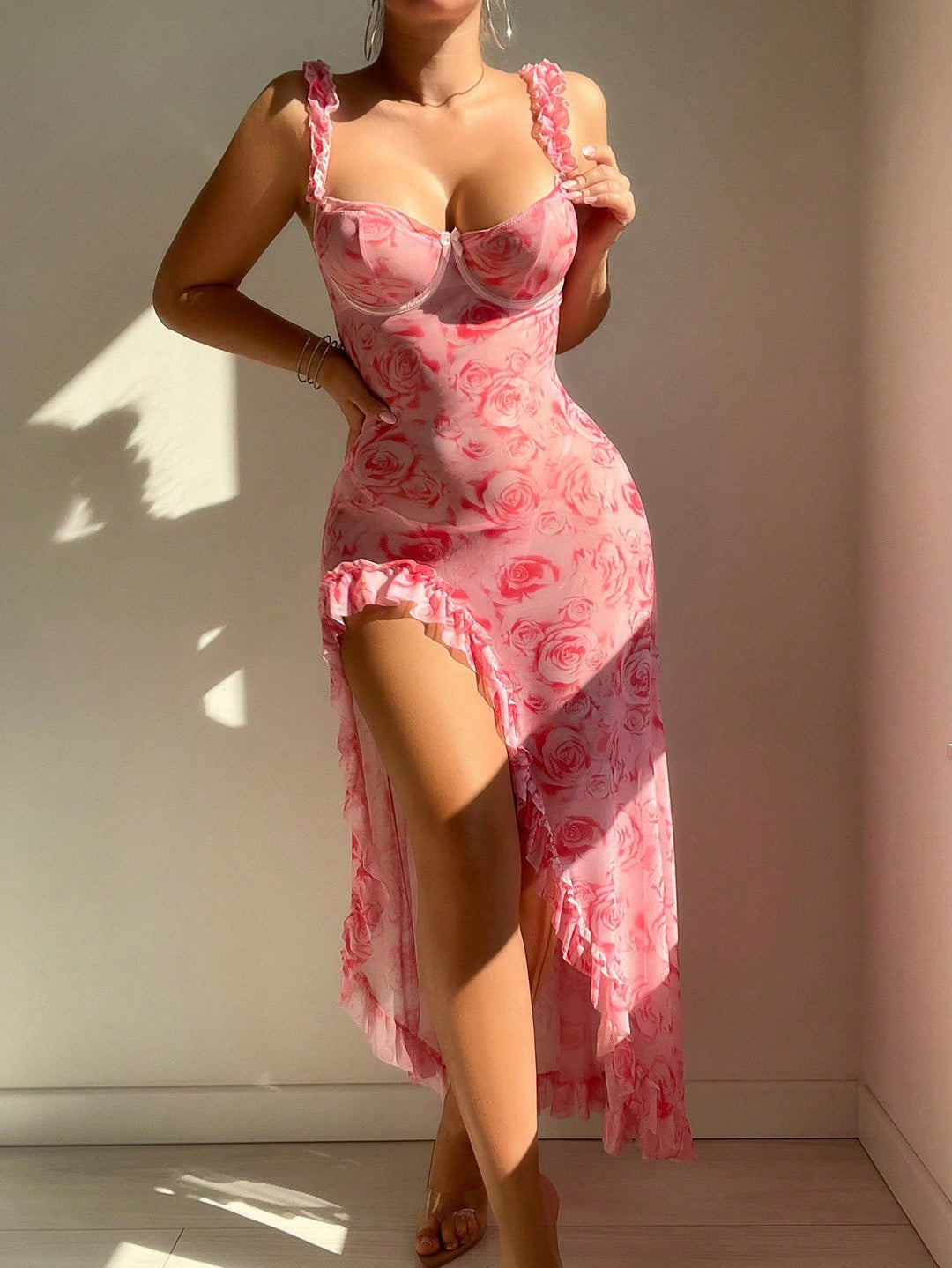 Women's suspender floral split dress erotic lingerie