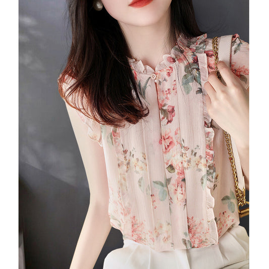 Sleeveless Ruffled Floral Women's Loose Sweet Chiffon Printed Top
