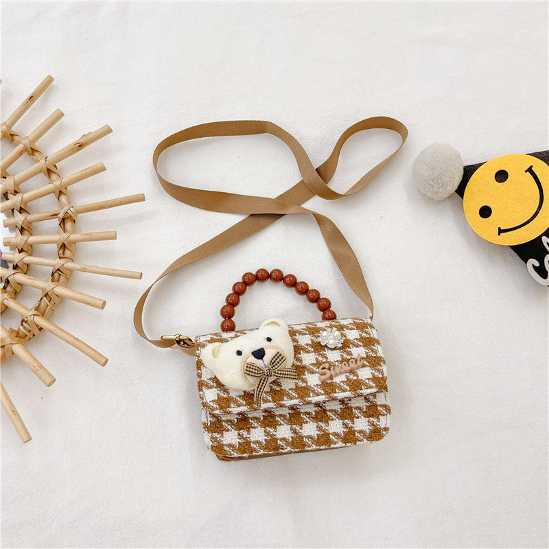 Brown Plaid Crossbody Bag Pearl Tote