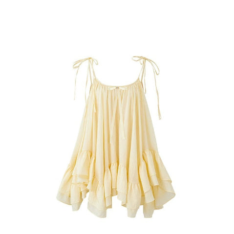 Seaside Vacation Style Irregular French Wave Ruffled Tied Top Mid-length Dress Set