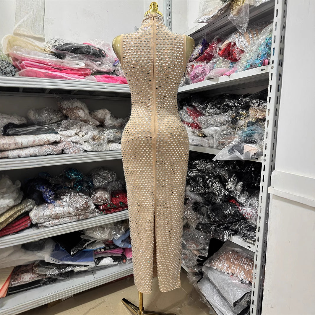 Shiny Diamond Micro-Sexy Halter Sleeveless Casual Beaded Fitted Long Bodycon Party Dress for Women