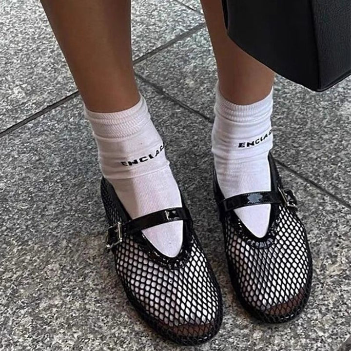 Chic Round Cowhide with Mesh Detail Ballet Shoes