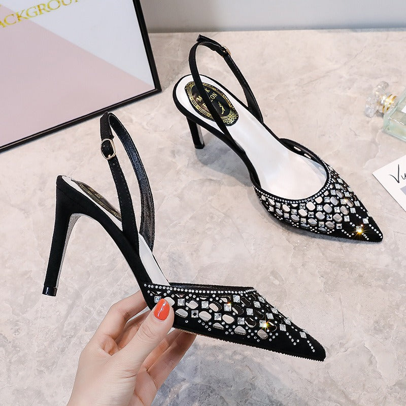 Semi-trail pointed toe rhinestone thin heel bag toe high heel strap