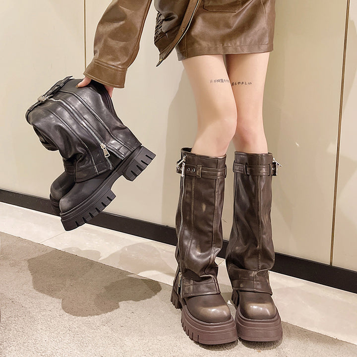 Luxury PU leather fashion Belt Buckle boots sexy ladies Zip Warm Casual Shoes Knee-High Square toe platform chunky boots women