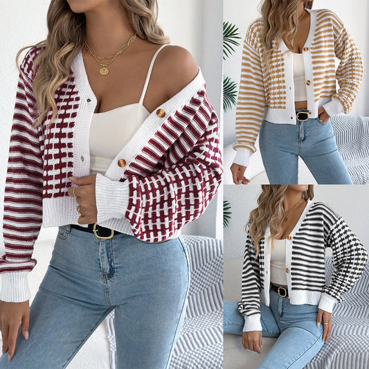 Striped Lantern Long Sleeve Cardigan Sweater Short Coat