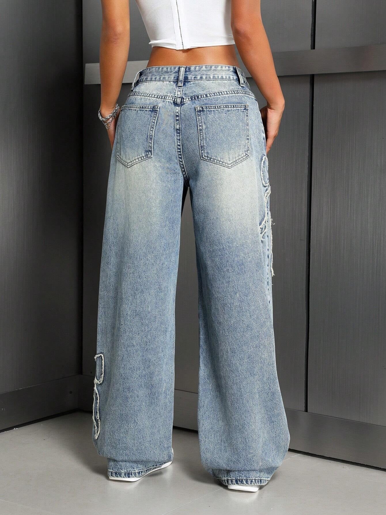 Bow Embroidery Washed Straight Leg Jeans