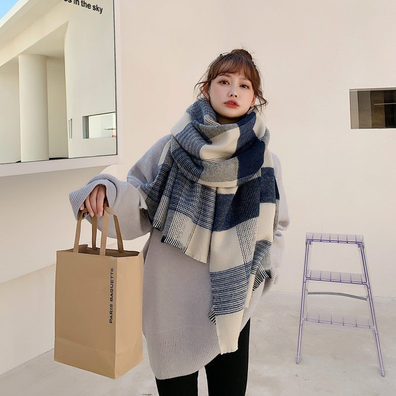 Women's Japanese-style White And Blue Plaid Scarf
