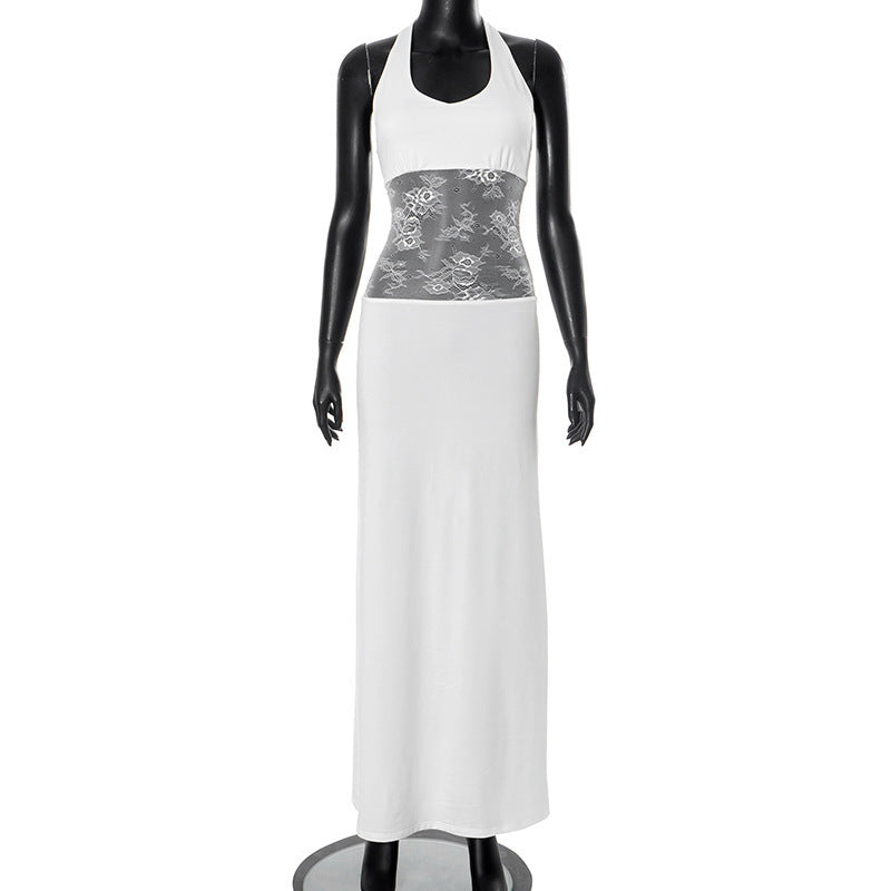 Summer Women's Clothing Temperament Pure Color Halter Backless Lace Stitching Dress