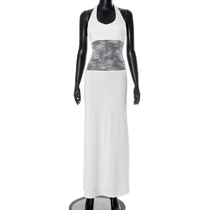 Summer Women's Clothing Temperament Pure Color Halter Backless Lace Stitching Dress