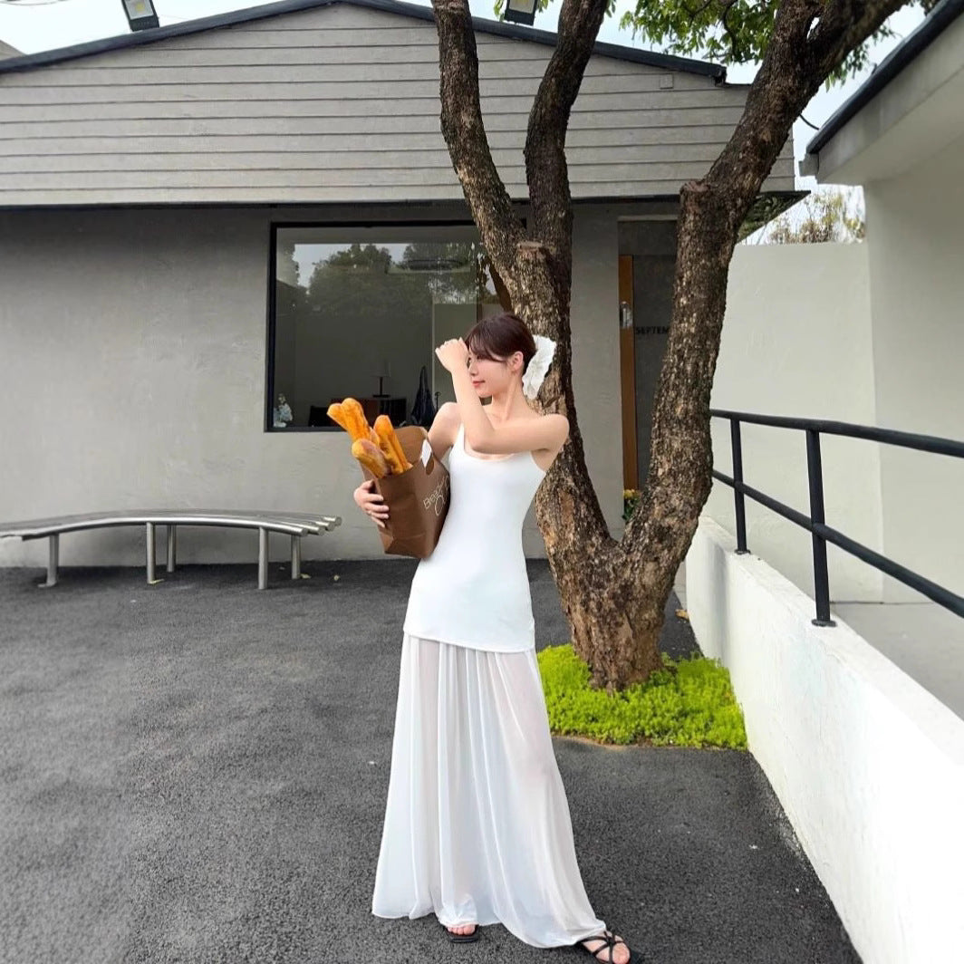 Design Mesh Stitching Suspenders Dress