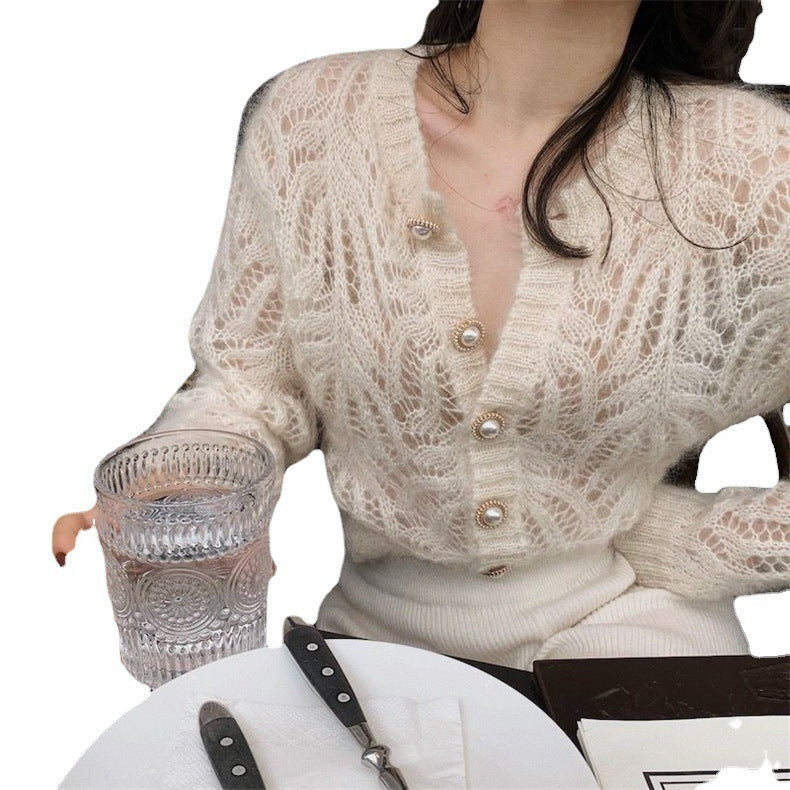 Women's French-style Mohair Hollow-out Thin Knitted Cardigan