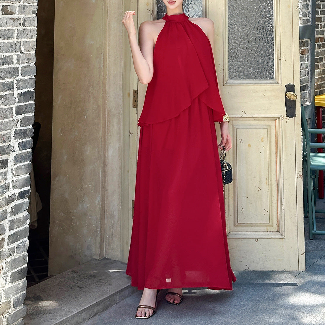 French high-end red halter top dress