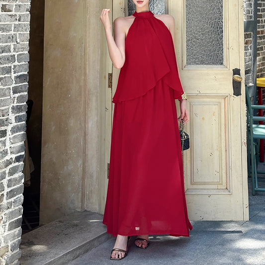 French high-end red halter top dress