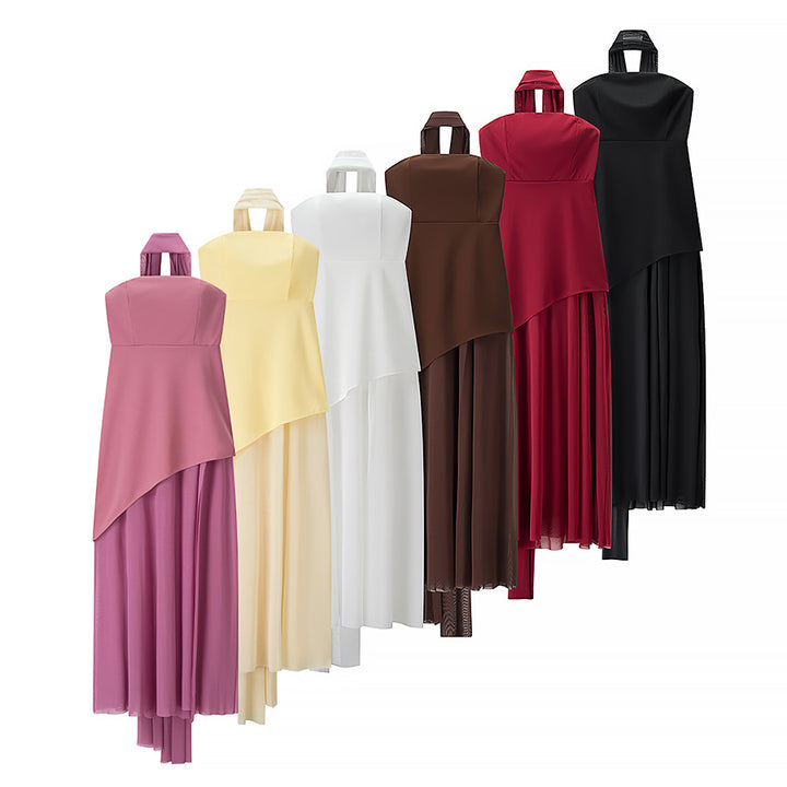 Women's Clothing Tube Top Mesh Splicing Hem Dress Sexy Solid Color