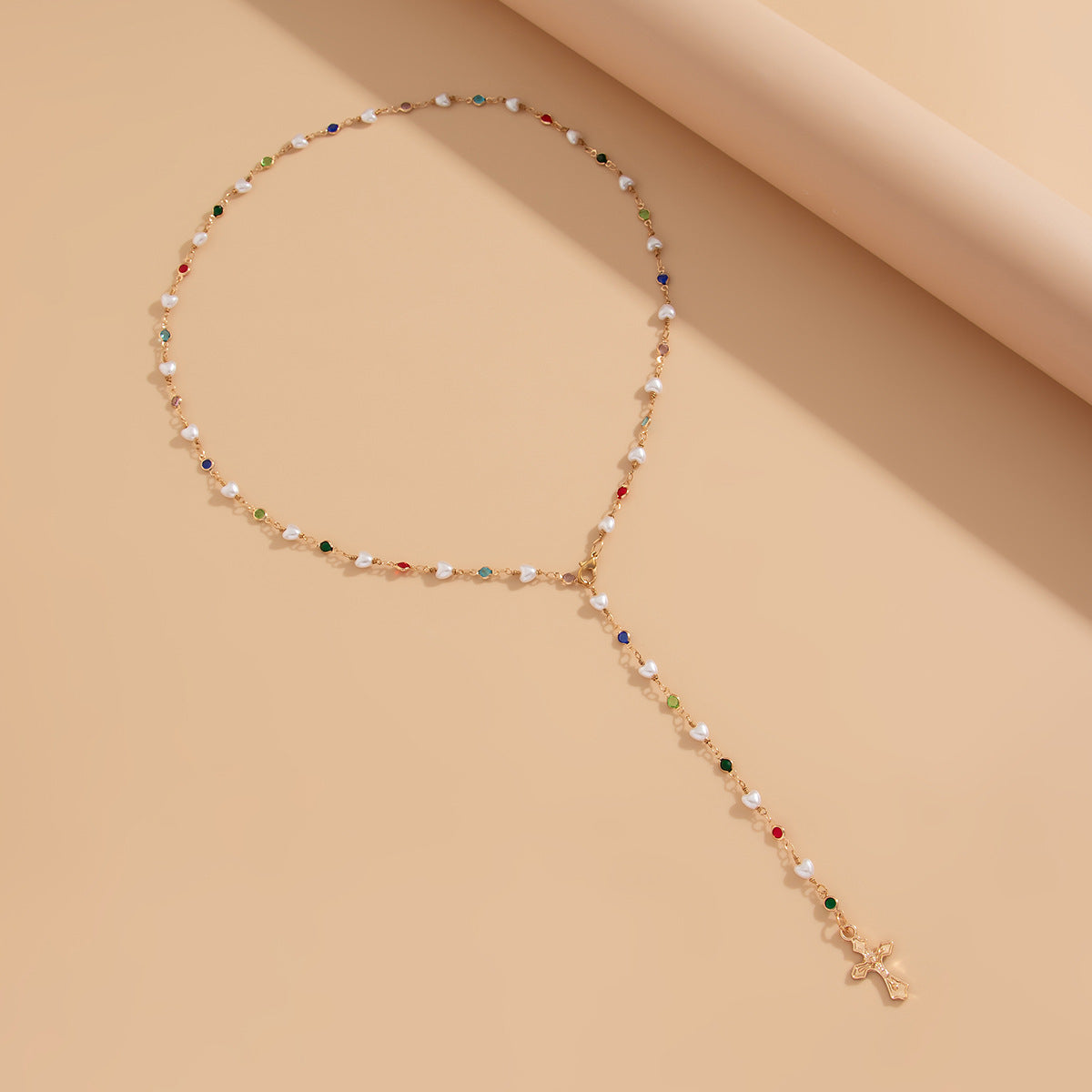 Sweet style pearl inlaid Y-shaped chain necklace, small fresh cross alloy collarbone chain