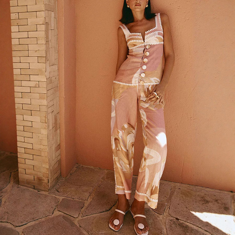 Sleeveless Vest and Long Pants Printed Set with Pockets for Women Spring Summer Fashion INS Holiday Style Two-Piece Set