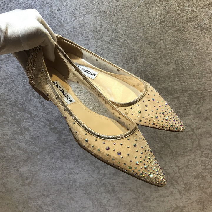 Breathable mesh rhinestone flat shoes pointed toe sandals soft sole shoes for women