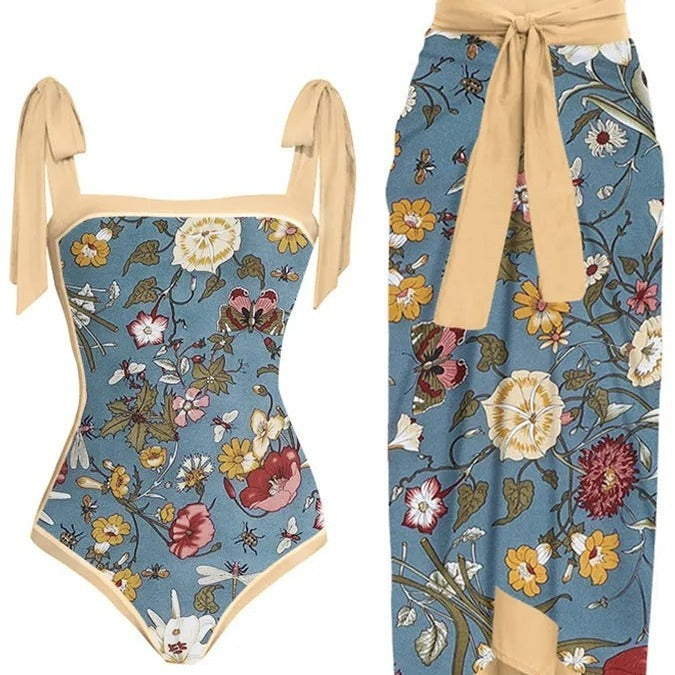 Chiffon Printed Swimsuit Women's Conservative Bikini Beach Outdoor Swimwear